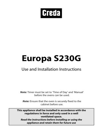 Creda EUROPA S230G Use And Installation Instructions | Manualzz