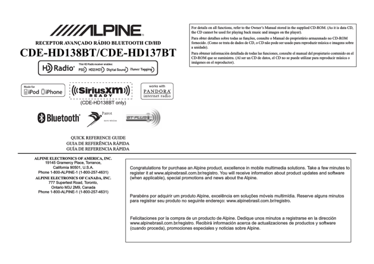 Alpine CDE-HD137BT Owner`s manual Alpine CDE-HD137BT Owner`s manual