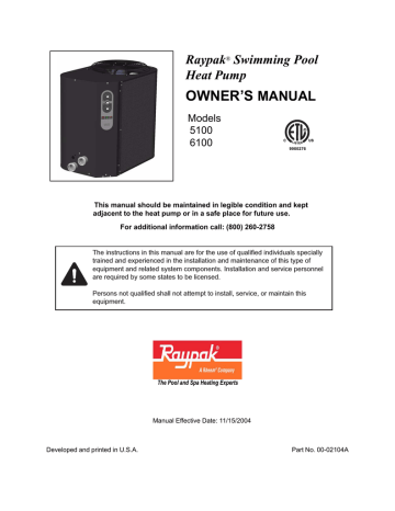 Raypak 5100) Heat Pumps, Professional Series (Model Owner's Manual | Manualzz