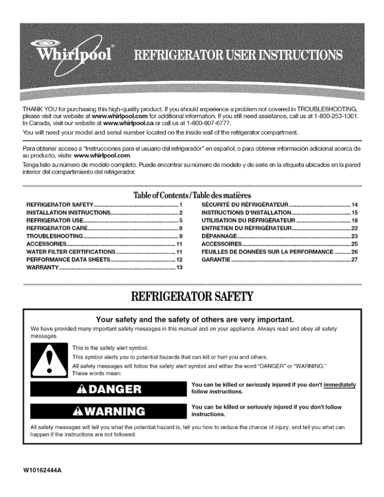 Whirlpool W10162444A Use & care guide Whirlpool W10162444A Use & care guide