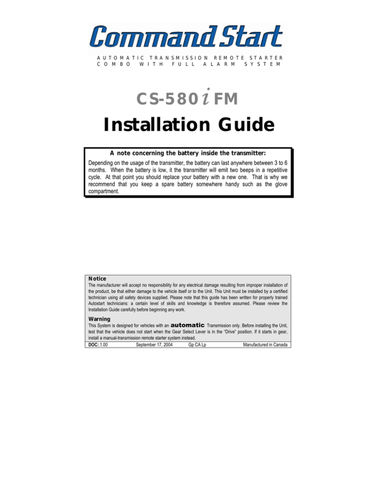 Command Start CS-580i FM Installation guide Command Start CS-580i FM Installation guide