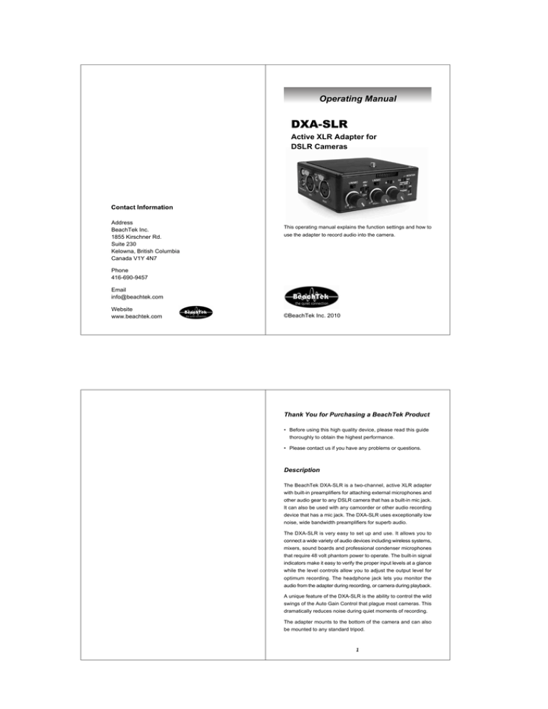 BeachTek DXA-SLR Setup guide BeachTek DXA-SLR Setup guide