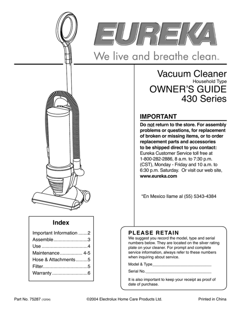 Eureka #431DX - Optima 12A Up Vac, Optima 430 Series Owner's manual Eureka #431DX - Optima 12A Up Vac, Optima 430 Series Owner's manual