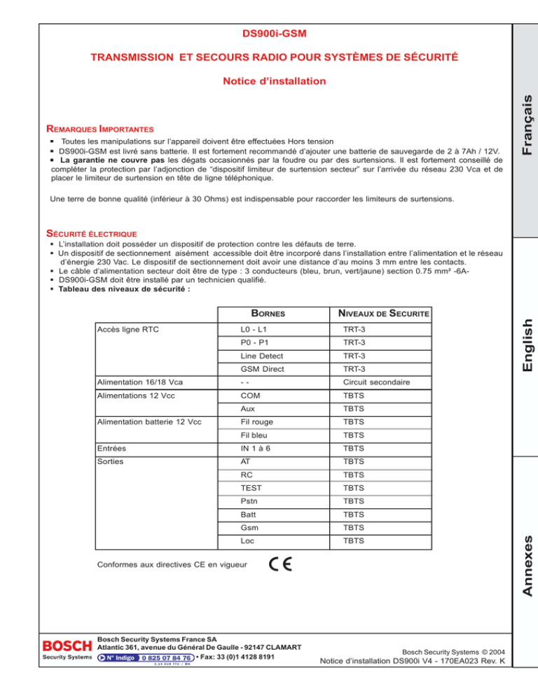 Bosch GSM 900 Specifications Bosch GSM 900 Specifications