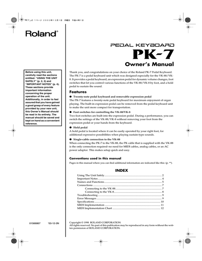 Roland PK-7 Owner`s manual Roland PK-7 Owner`s manual