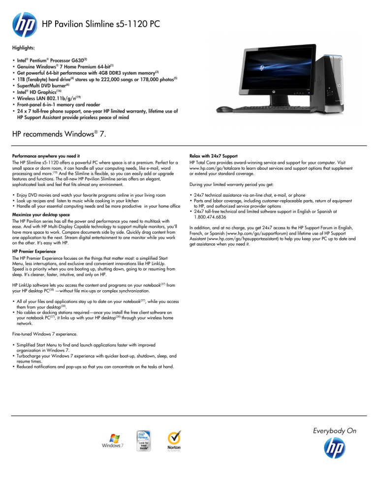 HP Pavilion Slimline s5-1120 User manual HP Pavilion Slimline s5-1120 User manual