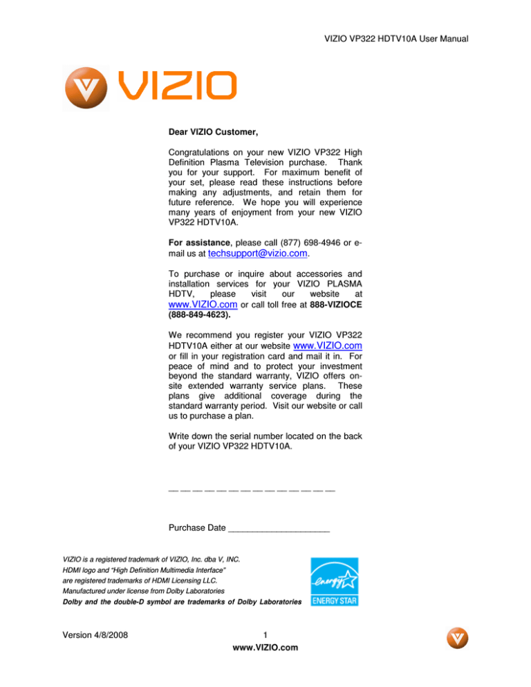 Vizio VP322 User manual Vizio VP322 User manual