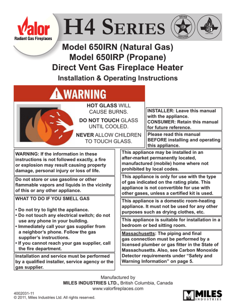 Valor 650IRP Operating instructions Valor 650IRP Operating instructions