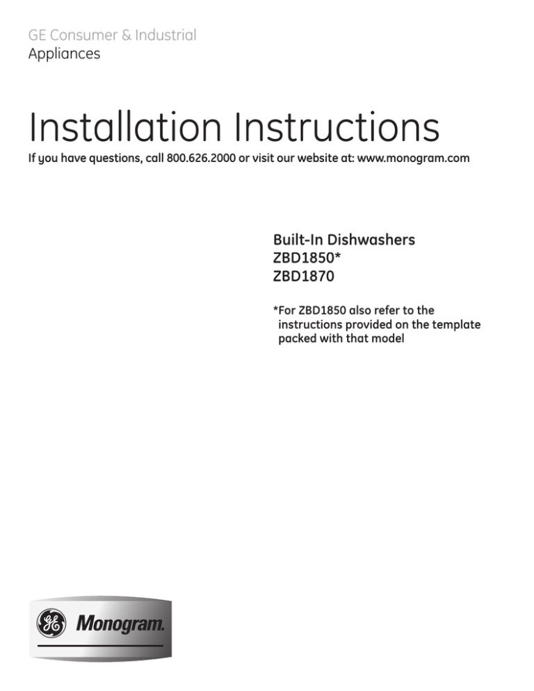 Monogram ZBD1870 Owner`s manual Monogram ZBD1870 Owner`s manual