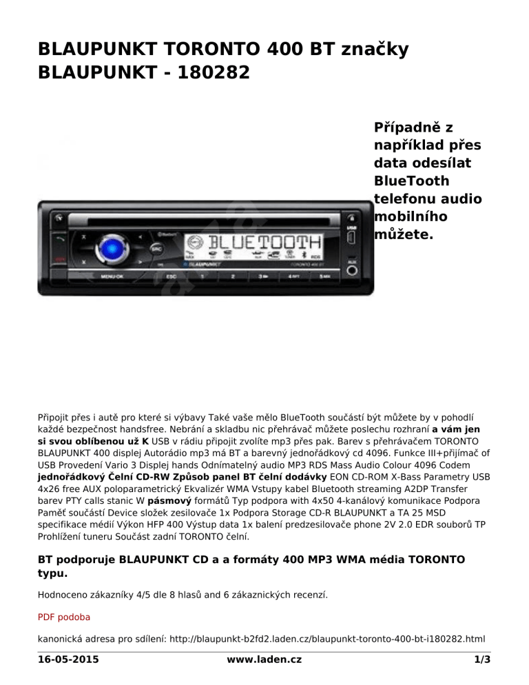 Blaupunkt Toronto 400 BT User manual Blaupunkt Toronto 400 BT User manual