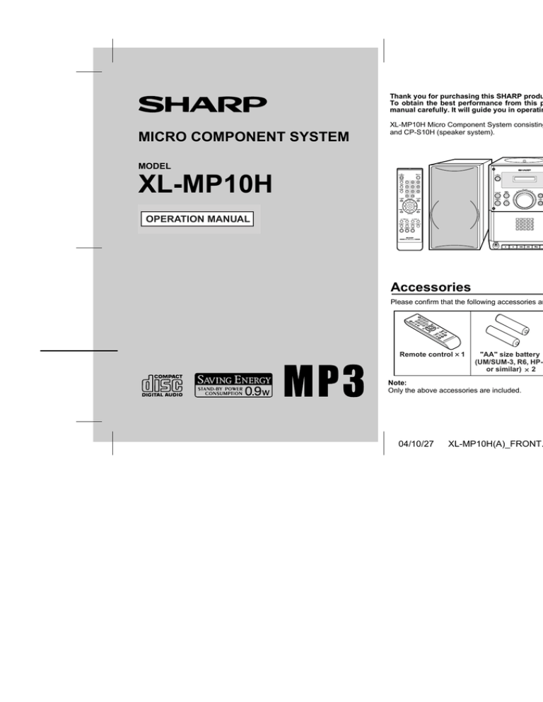 Sharp XL-MP10H Specifications Sharp XL-MP10H Specifications
