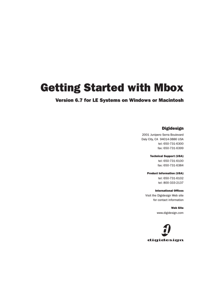 DigiDesign Mbox Specifications DigiDesign Mbox Specifications