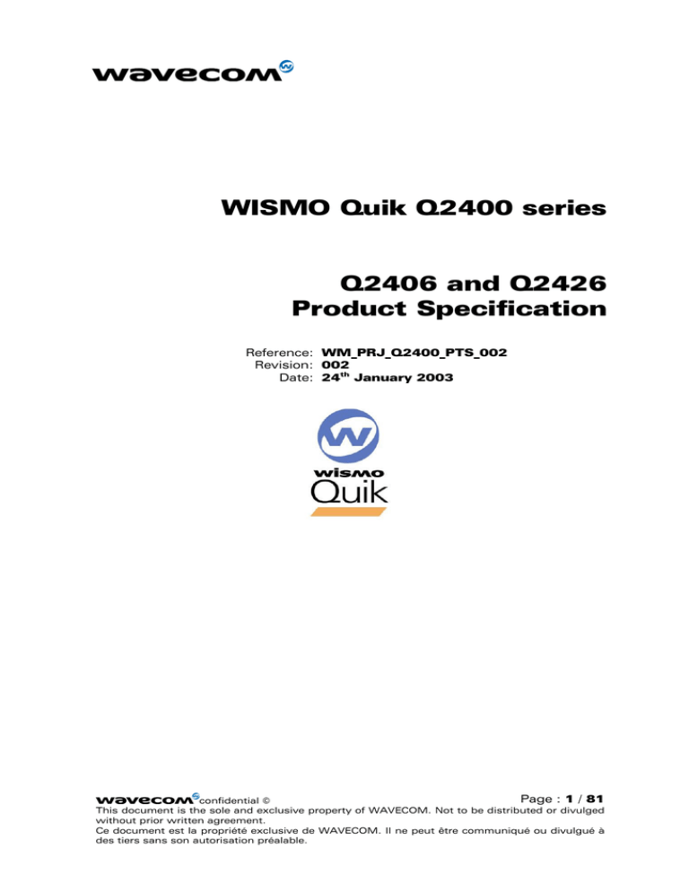 Wavecom WISMO Quik Q2426 Specifications Wavecom WISMO Quik Q2426 Specifications