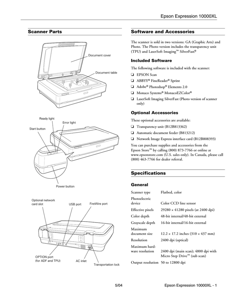 Epson 10000XL Specifications Epson 10000XL Specifications