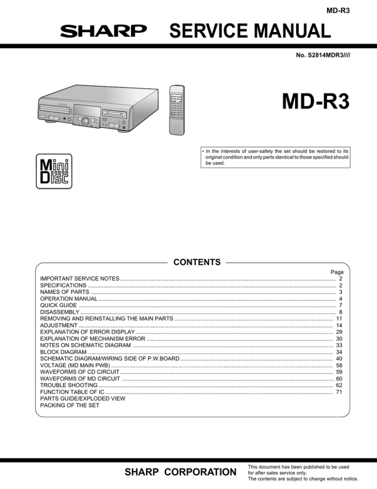 Sharp MD-R3 Service manual Sharp MD-R3 Service manual