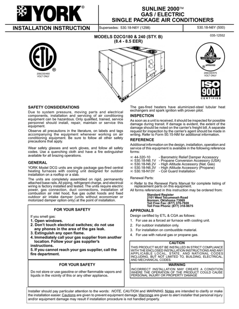 York SUNLINE 2000 B1CH180 Operating instructions York SUNLINE 2000 B1CH180 Operating instructions