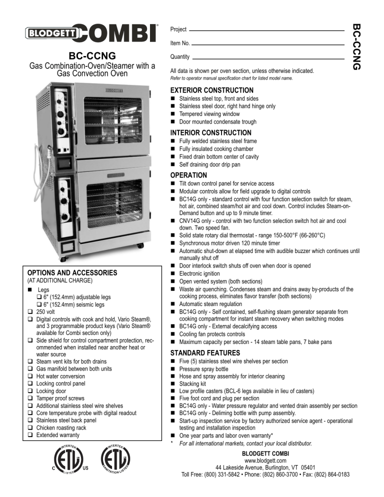 Blodgett BC-CCNG, CNV14G User manual Blodgett BC-CCNG, CNV14G User manual