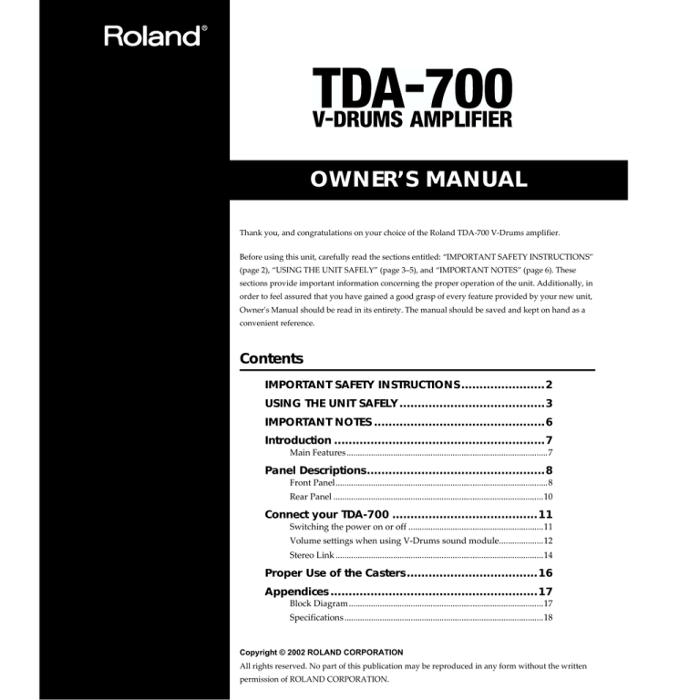 Roland TDA-700 Owner`s manual Roland TDA-700 Owner`s manual