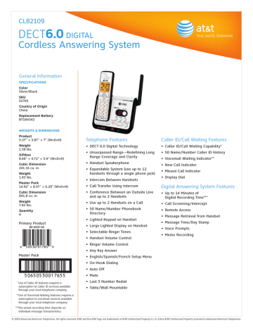 AT&T | CL82109 | User manual | 82109 Spec Sheet | Manualzz
