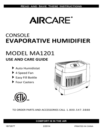 Aircare MA1201 Use and care guide | Manualzz