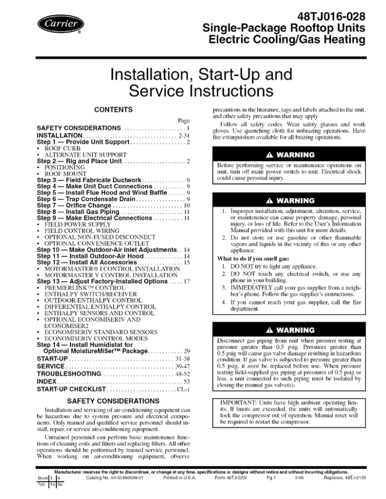Carrier 48TJD Specifications Carrier 48TJD Specifications