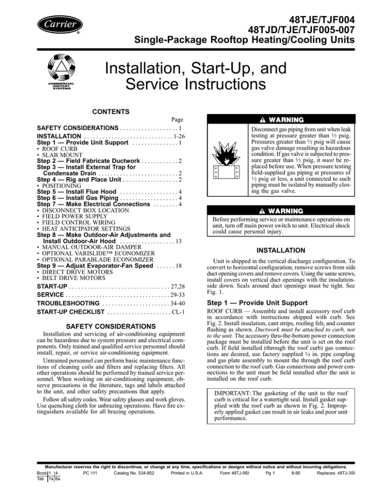 Carrier TJF004 Specifications Carrier TJF004 Specifications
