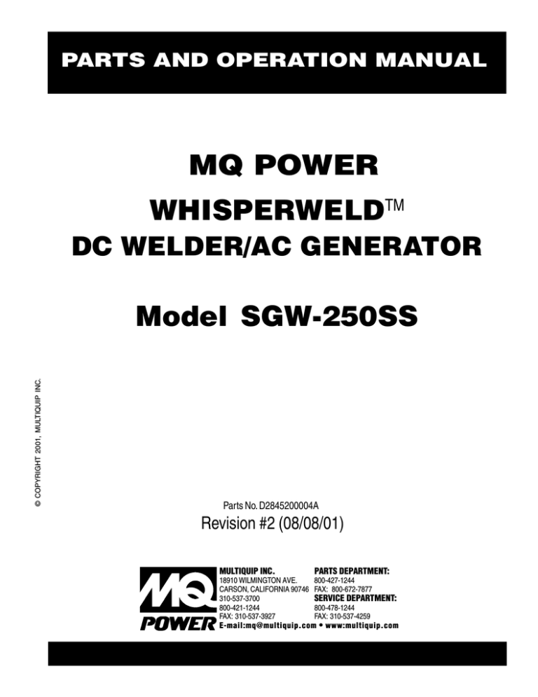 MULTIQUIP SGW-250SS Specifications MULTIQUIP SGW-250SS Specifications