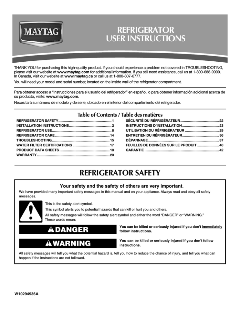 Maytag W10294936A Product data Maytag W10294936A Product data