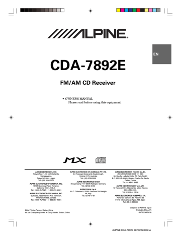 Alpine CDA-7892E Owner`s manual | Manualzz Alpine CDA-7892E Owner`s manual | Manualzz