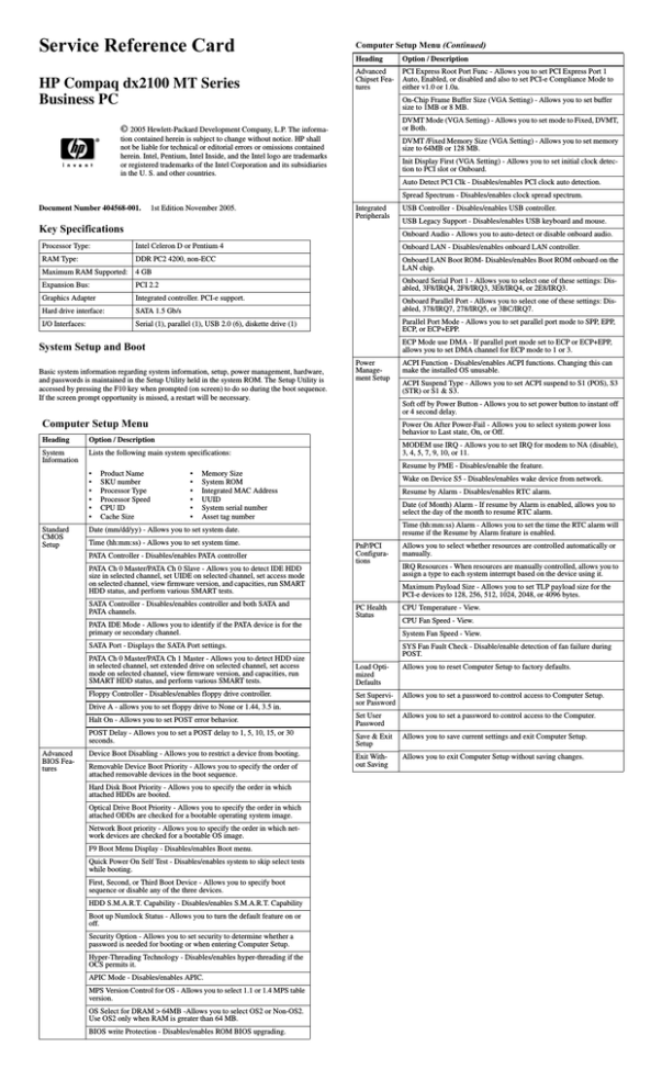 HP Compaq dx2100 MT Specifications HP Compaq dx2100 MT Specifications
