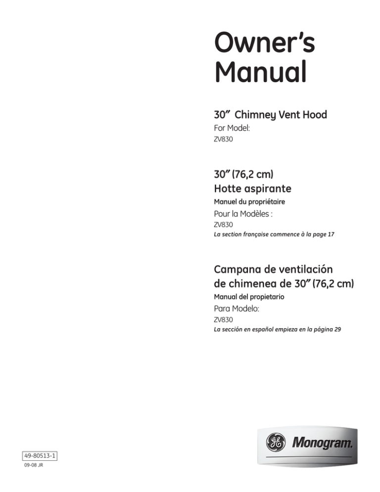 Monogram ZV830 Owner`s manual Monogram ZV830 Owner`s manual