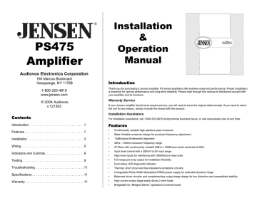 Jensen PS475 Installation & Operation Manual | Manualzz
