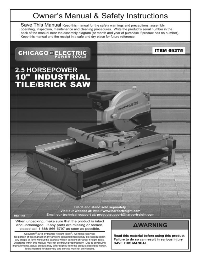 Chicago Electric Owner's Manual & Safety Instructions Owner`s manual Chicago Electric Owner's Manual & Safety Instructions Owner`s manual