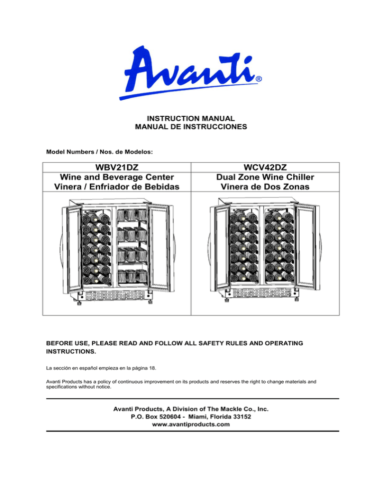 Avanti WC600CL User manual Avanti WC600CL User manual