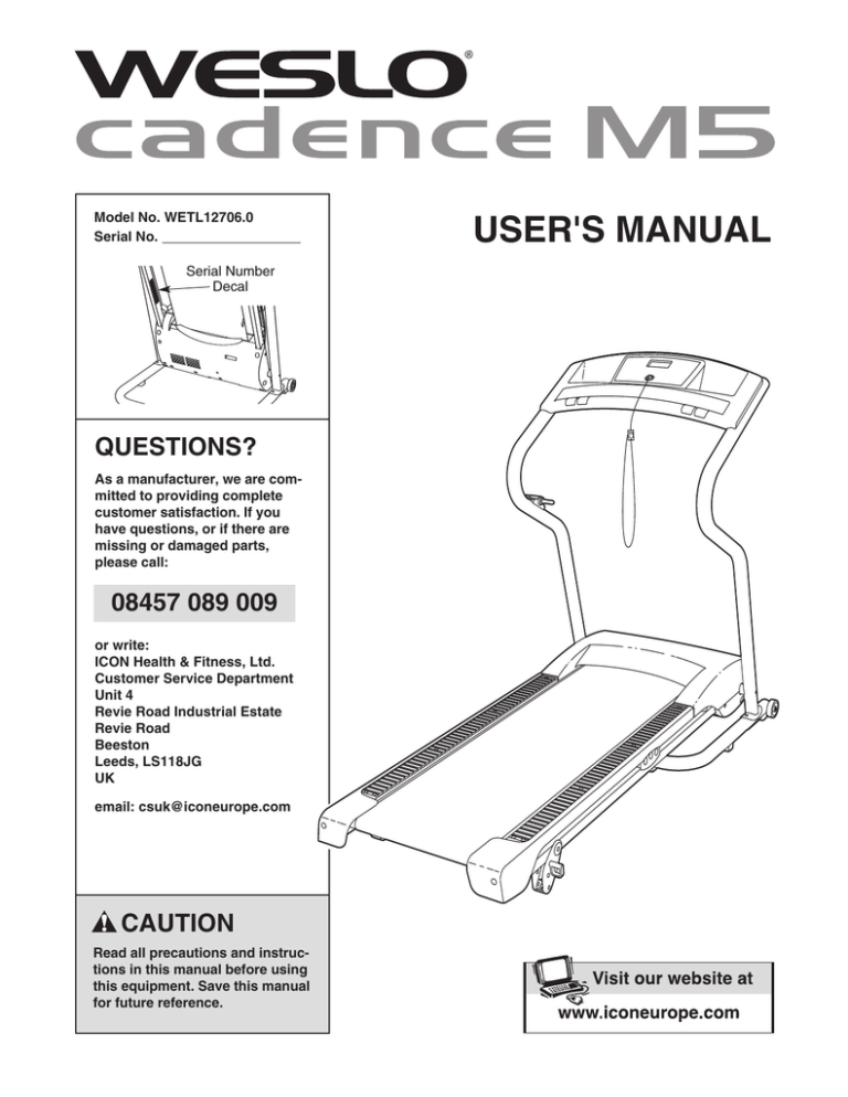 Weslo Cadence M6 Elliptical, WETL13706.0, Cadense 80 User manual Weslo Cadence M6 Elliptical, WETL13706.0, Cadense 80 User manual