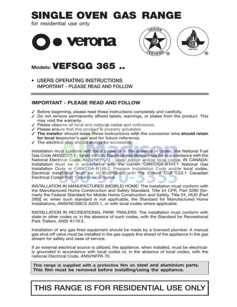 Verona VEFSGG 365 Operating instructions Verona VEFSGG 365 Operating instructions