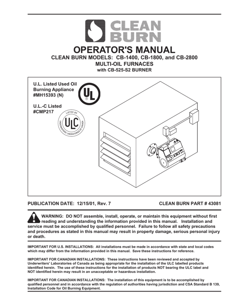 CLEAN BURN CB-1800 User manual CLEAN BURN CB-1800 User manual