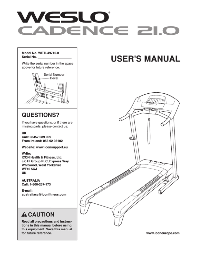 Weslo Cadense 80 User manual Weslo Cadense 80 User manual