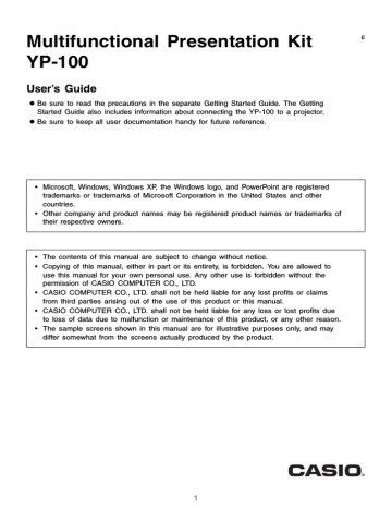 Casio YP-100 - Presentation Support Tool User's Guide Casio YP-100 - Presentation Support Tool User's Guide