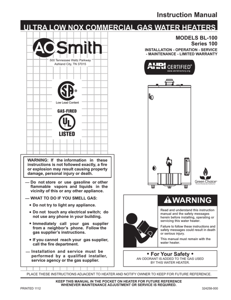 American Water Heater Ultra Low nox 100 series Instruction manual American Water Heater Ultra Low nox 100 series Instruction manual