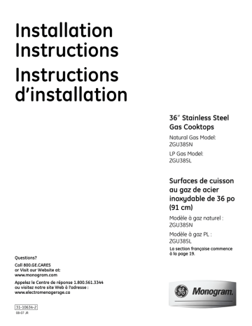 GE Monogram ZGU385L Installation Instruction | Manualzz
