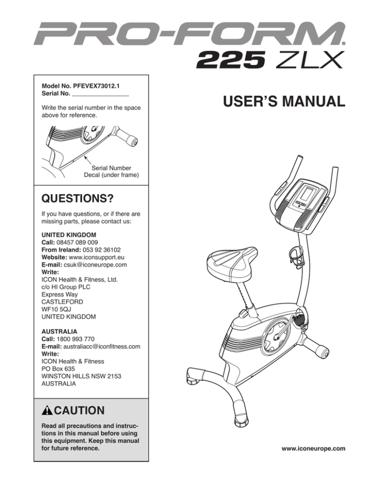ProForm PFEVEX73012, 225 Zlx Bike, XP 210 U, 831.21941.2 User manual ProForm PFEVEX73012, 225 Zlx Bike, XP 210 U, 831.21941.2 User manual