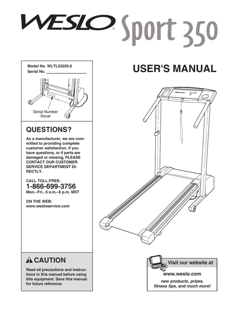 Weslo Sport 350 Treadmill User manual Weslo Sport 350 Treadmill User manual