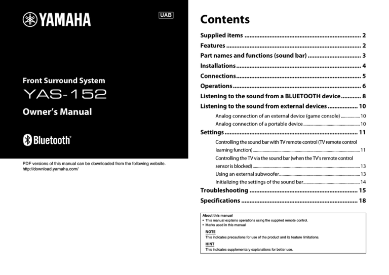 Yamaha YAS-152 Owner's manual Yamaha YAS-152 Owner's manual