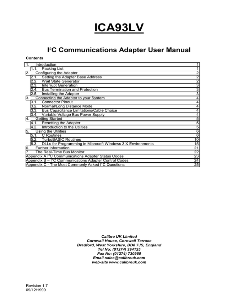 Calibre UK IC Communication Adapter ICA93LV User manual Calibre UK IC Communication Adapter ICA93LV User manual