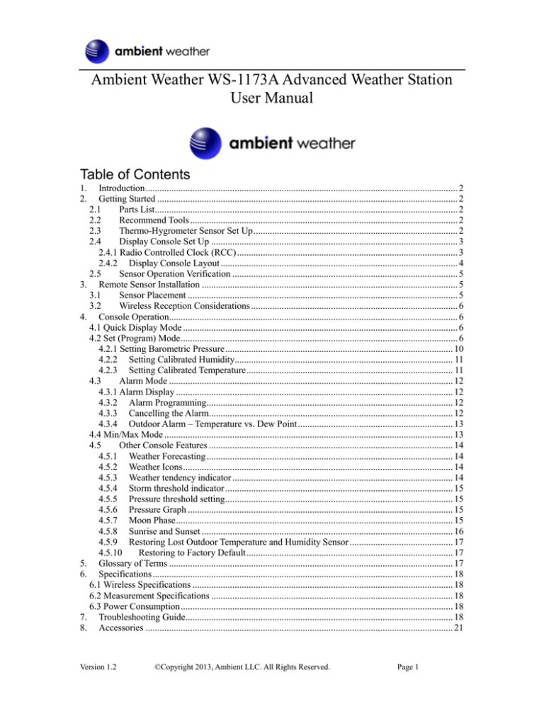 Ambient Weather WS-1173, WS-1173A User manual Ambient Weather WS-1173, WS-1173A User manual