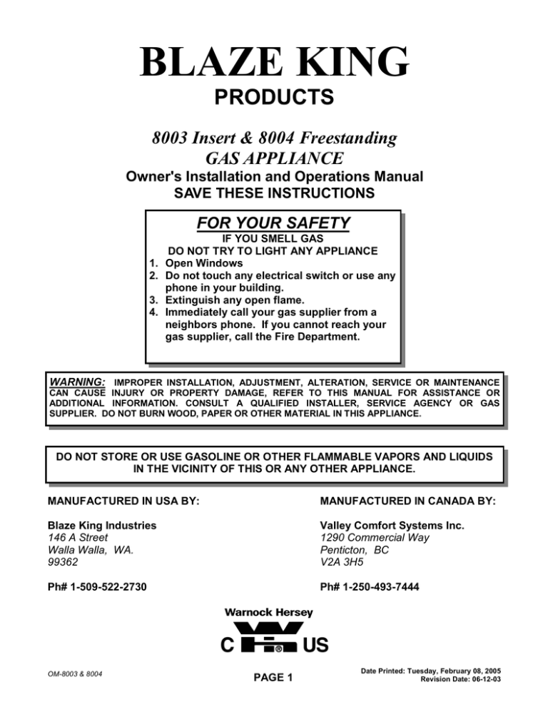 Blaze King 8003 Owner's manual Blaze King 8003 Owner's manual
