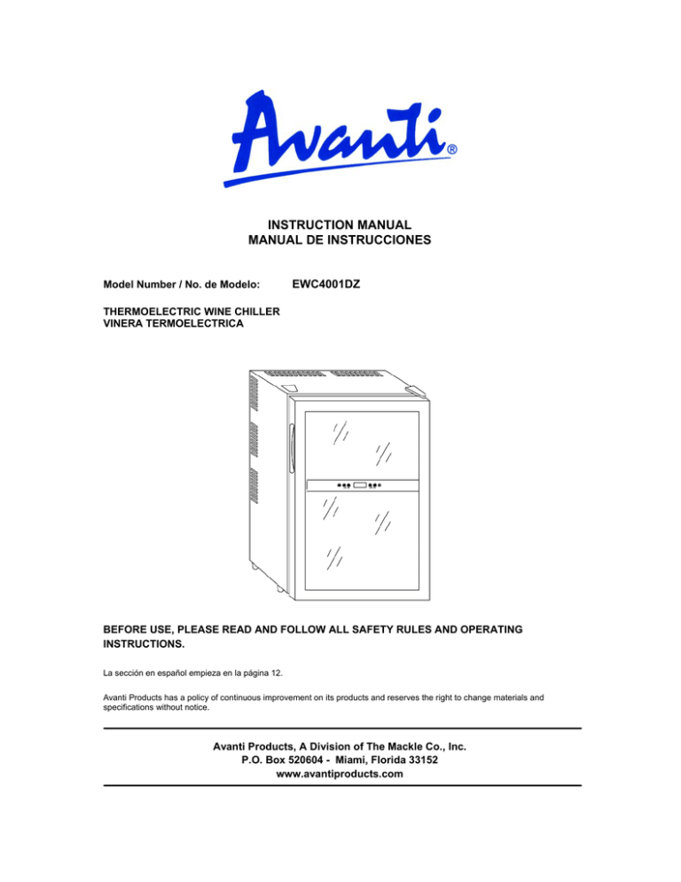 Avanti EWC4001DZ User manual Avanti EWC4001DZ User manual