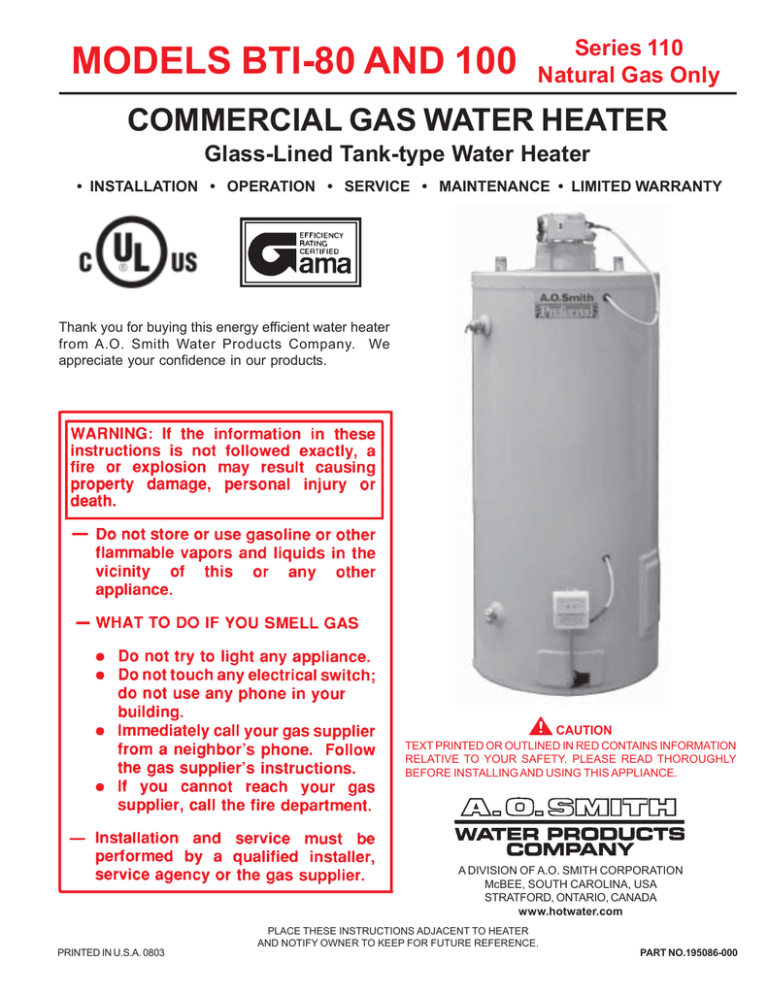 A.O. Smith BTN-80, BTI - 100, BTN-100, BTI 80, BTI-80 User manual A.O. Smith BTN-80, BTI - 100, BTN-100, BTI 80, BTI-80 User manual