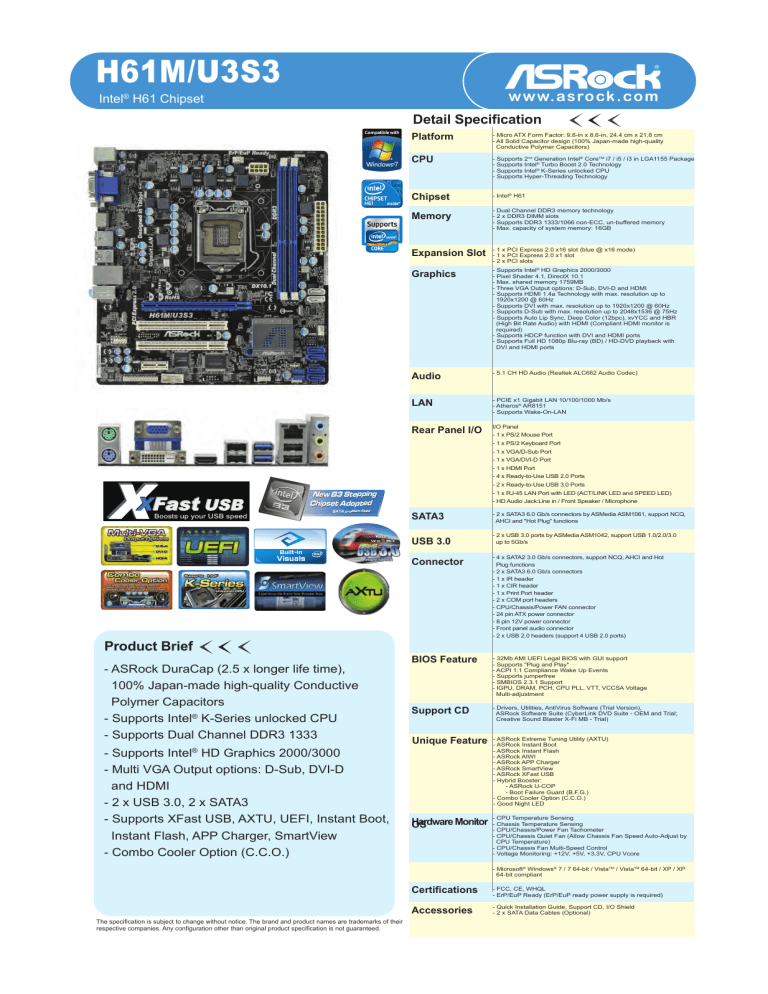 ASROCK U3S3 User manual ASROCK U3S3 User manual
